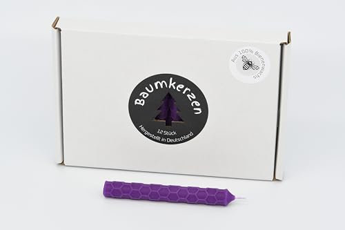 Premium Baumkerzen 12 Stück aus 100% EU Bienenwachs Honigwaben Muster farbig Christbaumkerzen (Lila)