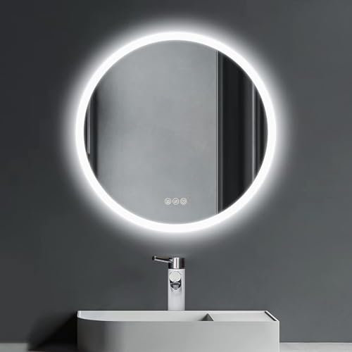 ICYWANG Bathroom Mirror with LED Lights Circular 50cm | Touch Sensor | Demister Pad | Wall-Mounted Vanity Illuminated Backlit Mirror Energy-Saving IP54