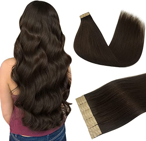 DOORES Kleber in Haarverlängerungen, Helles Dunkel Braun 35cm (14zoll) 50g 20pcs, Haarverlängerung Echthaar Tape in Haar Extensions Remy Haar Natural Hair
