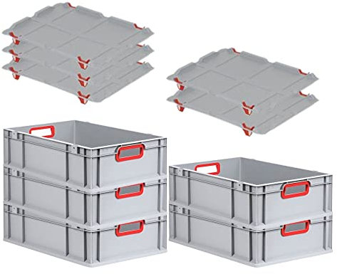 PROREGAL SuperSparSet 5x Eurobox NextGen Color mit Auflagedeckel & Schiebeschnappverschlüsse, HxBxT 17x40x60cm, 34L, Griffe rot offen, Glatter Boden, Eurobehälter Transportbox Transportbehälter