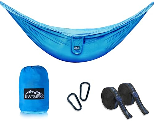 XXL Premium Camping Hängematte Outdoor, 2 Personen mit XXL Befestigung und Aufhängung, Reisehängematte Ultraleicht, 300x200 cm (Blau)