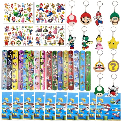 Party Mitgebsel Kindergeburtstag Mario Gastgeschenke Mitgebsel Set, 42 Stück Mario Party Mitgebsel Mit, Sticker, Schlüsselanhänger, Geschenktüten, Kindergeburtstag, Mario Kleine Geschenke für Kinder