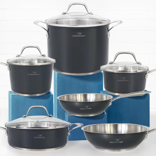 HOMICHEF Set di pentole in acciaio inox senza nichel da 10 pezzi Grigio navy Set di pentole e padelle salutari Induzione atossiche