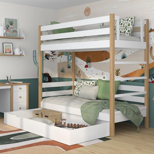 N-wood N03 Etagenbett mit Schublade, Kinderbett 90x190 cm, aus Eichenholz, 2 Leitermontageseiten: Links oder rechts, abgerundete Kanten, Massivholzkonstruktion, Hochwertige Materialien, Weißeiche