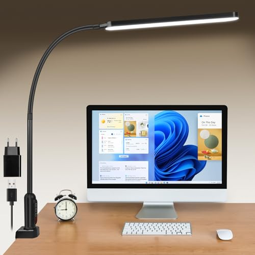 BIENSER Lámpara de Escritorio LED Regulable, Lámpara de Mesa con Abrazadera, Cuello de Cisne Flexible, Lámpara de Oficina, Lámpara de Trabajo, 11 Niveles de Brillo x 5 Colores, Protección Ocular