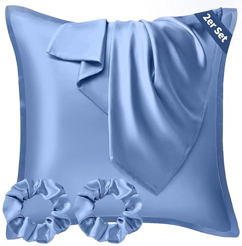 Seiwohl Satin Kissenbezug 40x40 2er Set, Weich wie Seidenkissenbezug Silk Pillowcase, Vegane Seide Kopfkissenbezug Kissenhülle Seidenkopfkissen für Haar und Haut mit 2 Haargummis, Haze Blau
