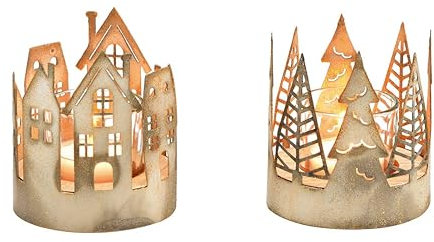 Windlicht im 2er Set aus Metall auf Holzsockel Häuser und Tannenbäume Teelichthalter Kerzenständer Weihnachtsdeko Deko Weihnachten