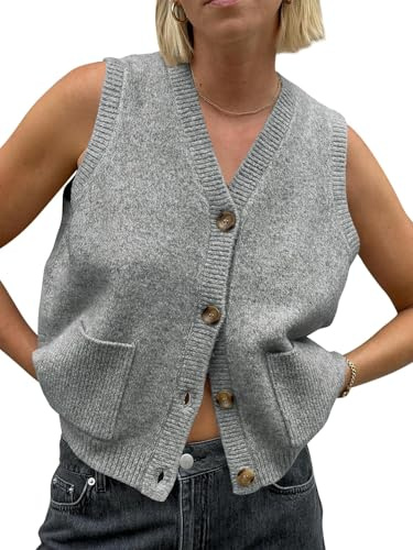 Saodimallsu Damen Ärmellos Pullover Weste Lockere Passform Strickwesten Knopf V Hals Stricken Trendy Casual Strickjacke mit Taschen