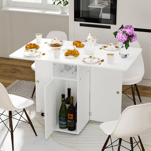 HAMHAIGO Table à Manger Pliable avec roulettes, Meuble de Rangement avec 4 étagère, Buffet, Table Console Pliable, Table de Cuisine Petit Espace pour 4 à 6 Personnes (Blanc, 110x70x78 cm)