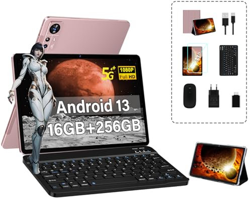 Tablette Android 13 11 Pouces 16GO RAM + 256GO ROM (TF 512GO), 2000 * 1200 Pixels, 8600mAh, 5G WIFI , 2.0GHz, 5 + 13MP, Bluetooth 5.0, Tablette Avec Clavier + Souris + Étui De Protection - Or Rose