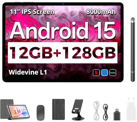 Tablet, Android 15, 11 inch Tablet | T606 Octa-Core | 1280x800 HD IPS Screen | 8000mAh(with NTC)| 2.4G+5G WiFi | BT5.0 | GPS | Widevine L1 | with Usb Ports (Keyboard Set)