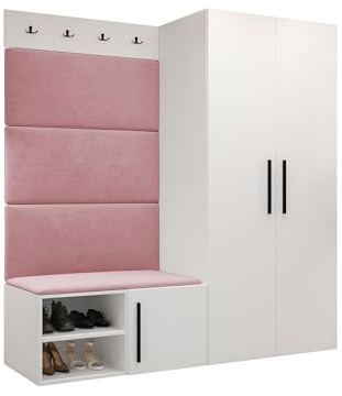 Mirjan24 Garderoben-Set Mapreni I, Schuhschrank + Kleiderhakenbrett + Kleiderschrank Gepolstertes Paneel/Wandpaneel Kleiderhaken Flurgarderobe Wandgarderobe (Weiß, Manila 09)