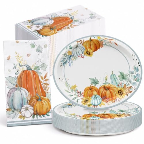 Oigco Fall Oval Paper Plates – 9 x 11 Inches Large Autumn Watercolor Pumpkins Disposable Plates for Thanksgiving Harvest Holiday Party Decorations 25 Pcs