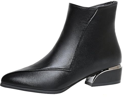 ZPLMIDE Stivaletti da donna con tacco basso, alla moda, a punta, con cerniera laterale, in pelle, impermeabili, eleganti, slim fit, stivali corti per lavoro, Nero , 0 UK
