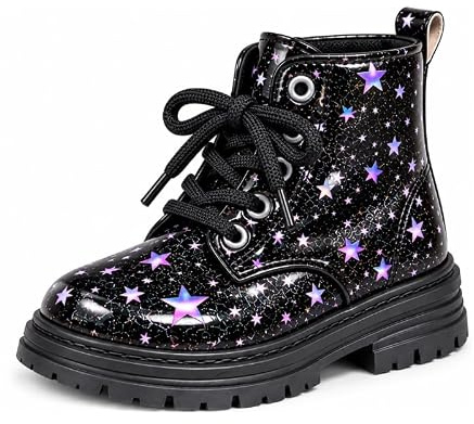 OrJana Stivaletti per Bambina con Stelline Glitter, Suola Antiscivolo, Lacci e Cerniera, Design Casual, Stile Combat