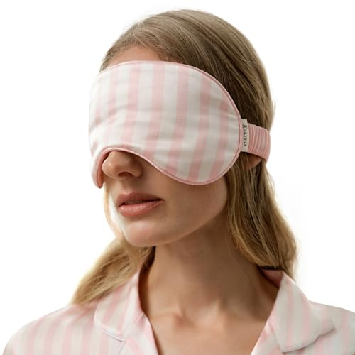 LILYSILK 100% Seiden Streifen Schlafmaske in Valentinszeit Reine Seiden Weiche Schlafbrille Lichtblocker für Reisen Nickerchen, Hellrosa & Weiß Gestreift