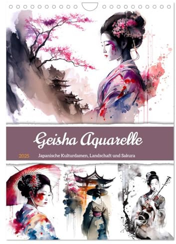 Geisha Aquarelle - Japanische Kulturdamen, Landschaft und Sakura (Wandkalender 2025 DIN A4 hoch), CALVENDO Monatskalender: Aquarell-Geisha-Kalender ... Kunstwerke für jeden Monat (CALVENDO Orte)