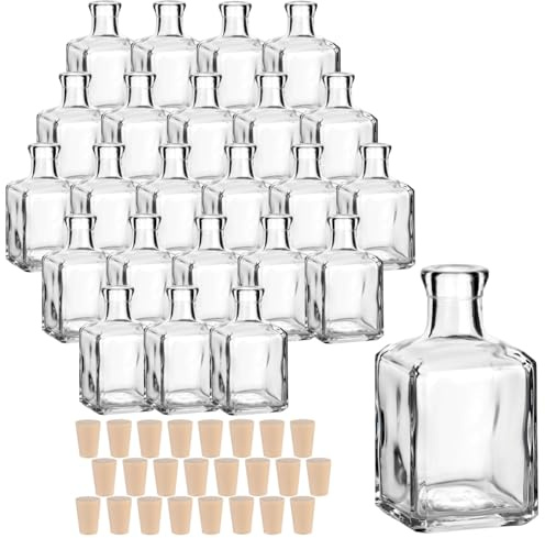 gouveo 24er Set Glasflasche 250 ml Cube mit Korken (PEK) - Schöne Flasche 0,25 l zum Befüllen - Eckige Korkenflasche für Likör, Gin, Schnaps, Öl, Vase (CFET250PEK)