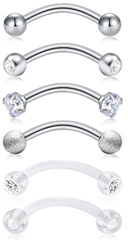 MODRSA 16G Chirurgenstahl Lippen Augenbrauen Bauchnabel Helix Cartilage Ohrringe Bananen Bar Curved Barbell Piercing 6 Stück