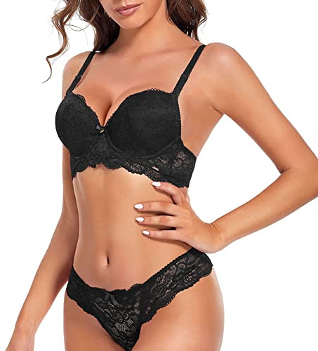 SHEKINI Damen BH Set BH Und String Spitze Trägerloser Abnehmbare Träger Push Up Bügel BH Unterwäsche Lingerie Tanga Dessous Sets(Schwarz,34/75B)