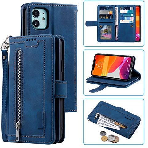 UEEBAI Wallet Case for iPhone 12 mini 5.4 inch, Retro 9 Card Holder Slots Zipper Pocket Handbag Case PU Leather Magnetic Closure Kickstand with Wrist Strap TPU Shockproof folio Case - Blue