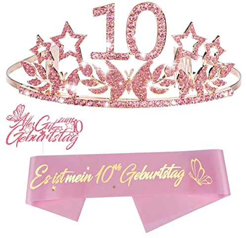 AUXSOUL 10 Geburtstags Schärpe Krone und Kuchendeckel, Rose Gold Kristall Tiara Prinzessin Geburtstagskrone und Schärpe für Geburtstag Party Favor Supplies