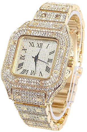 Halukakah Quadratisch Zifferblatt Diamant Golduhr Iced Out, Männer 18k Echtgold Plattiert Quarz Armband 24cm, mit Geschenkbox