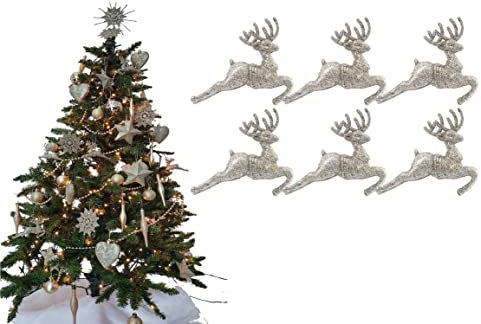 Simply Products Pack of 6 - Hanging Glitter Reindeer Christmas Tree Decorations - 2.2cm x 9.5cm (Champagne (Gold))