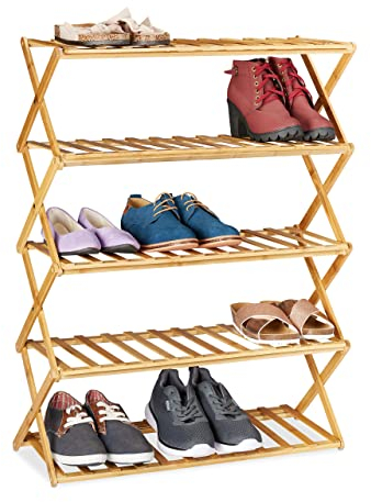 Relaxdays faltbares Schuhregal, 5 Ebenen, 15 Paar Schuhe, Zuhause & Camping, Bambus Schuhständer, HBT 89x65x26 cm, Natur