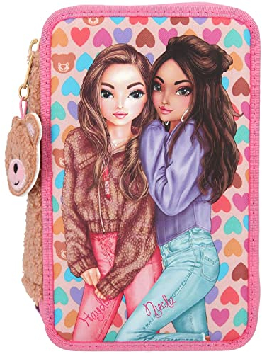 Depesche 11229 TOPModel-Gefüllte 3-Fach Tasche im Teddy Cool Design, rosa Feder-Mappe ca. 7,5 x 13 x 20 cm groß, inkl. Filz-und Buntstiften, Lineal, Schere, Kleber, UVM, Pink