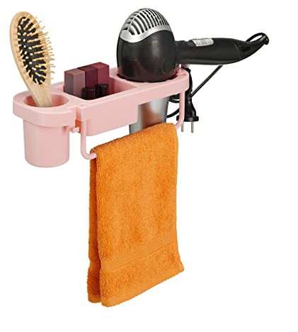 Relaxdays Hairdryer Without Drilling, Plastic, Cable Holder & Shelves, Wall, HxWxD 9x30x10,5 cm, Pink, 9x30x10.5 cm