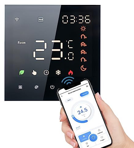 Termostato Inteligente WiFi, Aoresac Termostato Calefacción Programable por Suelo Radiante Agua Compatible con Amazon Google Home 3A Pantalla LCD Pantalla Táctil (Negro)