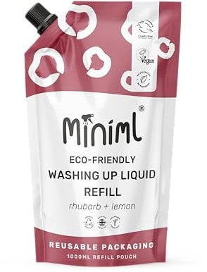 Miniml Eco Washing Up Liquid 1L Refill Rhubarb & Lemon Skin Sensitive Friendly Dish Wash Cleaner Plant Based Vegan Cruelty Free Natural Cleaning Products (100 Washes)