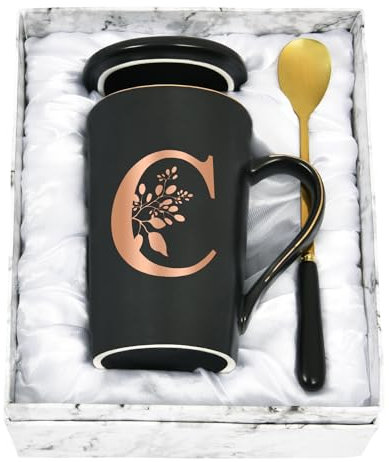 Joymaking Tazza personalizzata con lettera tazza da caffè con motivo floreale, nome iniziale regali personali, tazza da caffè per le donne, fidanzata, C - 400 ml, nero