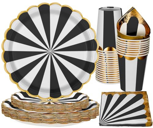 PARTY GO 96 Pezzi Stoviglie per Feste Per 24 Ospiti Con Piatto Strisce Usa e Getta di Carta Party Tazze Tovaglioli, Piatti Carta per Compleanno, Nuziale Doccia, Fidanzamento, Matrimonio, Nero