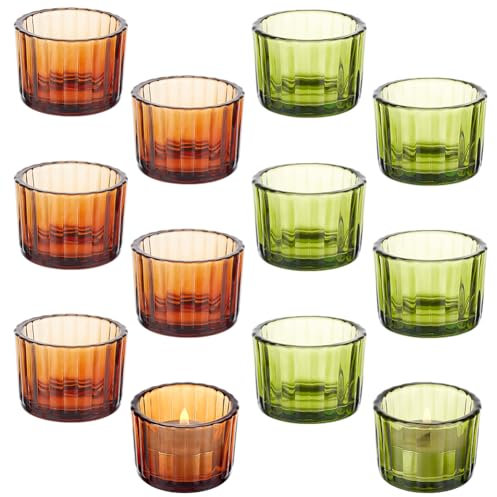 AHANDMAKER Lot de 12 bougeoirs en verre en 2 couleurs - Photophores verts et bougeoirs en verre marron - Pour décoration de table de mariage, fête, décoration de table