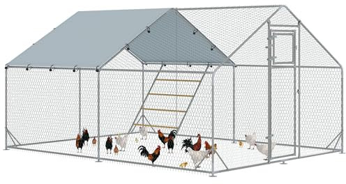 PawHut Hühnerstall Freilaufgehege aus Stahl, 3 x 4 x 1,95 m Hühnerkäfig mit UV-beständiger Abdeckung, Futtertür, Hängefütterung, Sitzstange, Hühnergehege für 12-18 Hühner, Kleintiere, Silber