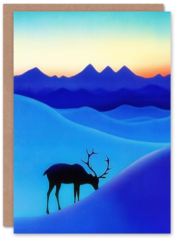 Artery8 Greeting Card Reindeer Arctic Landscape Snow Dawn Watercolour Blank For Him Or Her Art Christmas Card