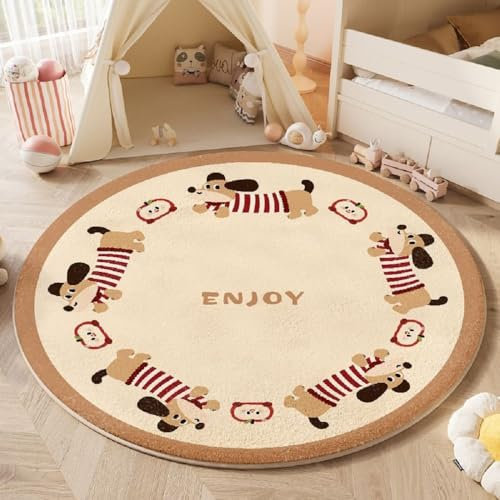 YATOLA Teppich Flauschig Klein für Schlafzimmer Sofa Deko Bettvorleger Waschbarer Spielteppich Kurzflor Kinderteppich Hochflor Shaggy Teppich für Jungen Teen Wohnzimmer Tier Hund (Gelb 2, Ø120cm)
