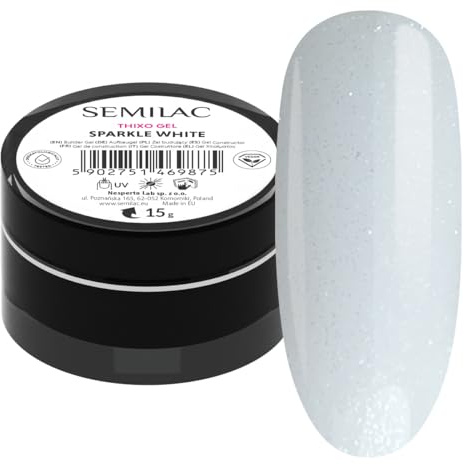 Semilac Builder Thixo Gel Sparkle White 15 g – Construcción con brillo para extensión de uñas y construcción de uñas – UV LED – Tiksotrop & autoalisante – Gel de cobertura blanco con purpurina