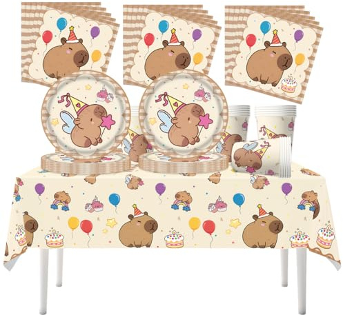 Fuwraixis Vajilla para fiestas de Capybara, 61 piezas Vajilla infantil para cumpleaños, Tema animal Decoración para fiestas, Juego de platos de papel para fiesta, Apto para 20 personas