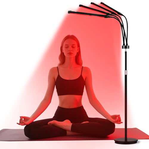 Rotlichtlampe mit Ständer, 4-Kopf Infrarotlampe 180 Triple-Chip LEDs | 660nm 850nm 940nm,Höhenverstellbar, 5 Helligkeiten, Timer, Flexible Schwanenhälse, mit Schutzbrille, zur Körperentspannung