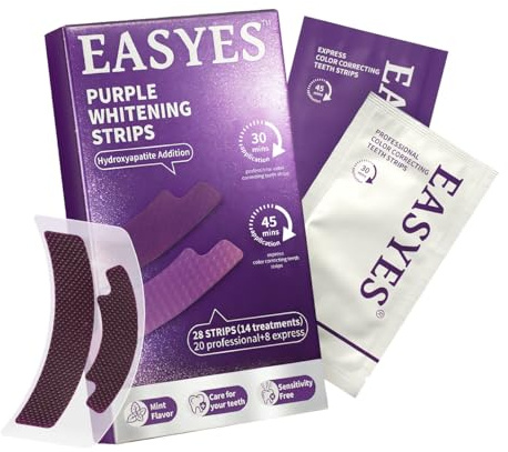 EASYES Lot de 28 bandes de blanchiment des dents violettes pour correction de la couleur, application sèche et humide, neutralisation instantanée de la couleur, protège l'émail des dents, ajustement