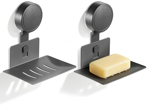 Zocipro 2 Stück Seifenschale mit Saugnapf & Ablauf, Aluminium Seifenhalter | Wandmontage & Bohrfrei, Schwammhalter für Dusche, Badezimmer und Küchenspüle (Grau, 2KG Haltkraft)