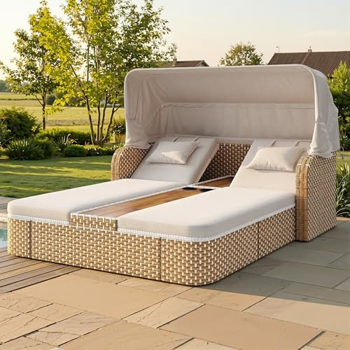 Kebnor Garten-Lounge-Set mit Sonnenschutz/Rattan-Insel-Sitzgruppe aus Polyrattan mit Pavillon/Wetterfeste Terassenmöbel inkl. Sofa, Hocker, Sessel & Tisch/Für Balkon & Garten/Beige/Grau (Beige)