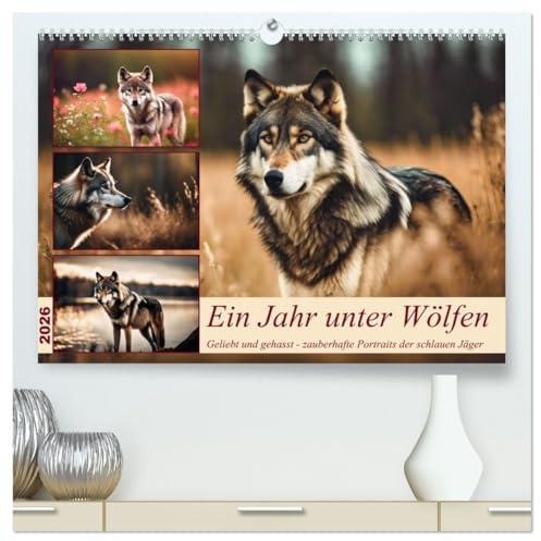 Ein Jahr unter Wölfen (hochwertiger Premium Wandkalender 2026 DIN A2 quer), Kunstdruck in Hochglanz: Geliebt und gehasst - zauberhafte Portraits der schlauen Jäger (CALVENDO Tiere)