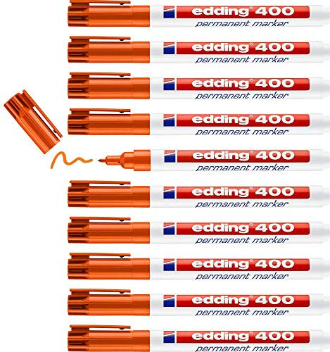 edding 400 Permanentmarker - orange - 10 Stifte - feine Rundspitze 1 mm - wasserfest, schnell-trocknend - wischfest - für Karton, Kunststoff, Holz, Metall, Glas