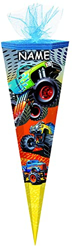 alles-meine.de GmbH Schultüte - Monster Truck - Auto - 70 cm - rund - incl. Name - Tüllabschluß - Zuckertüte - mit/ohne Kunststoff Spitze - Markneukirchen - für Jungen - Au..