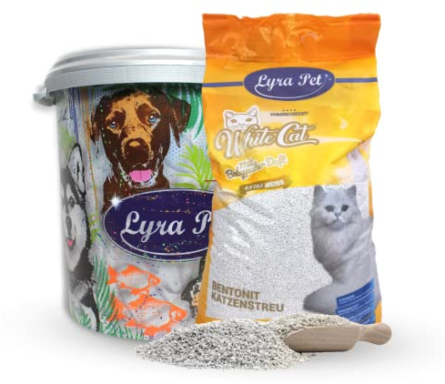 Lyra Pet® | 15 Liter White Cat Katzenstreu + 30 L Tonne | Mit Babypuder Duft | Feines Klumpstreu | 350% Saugkraft | Naturprodukt aus Bentonit | Saubere Wohnung | Neutralisiert Gerüche | Staubarm