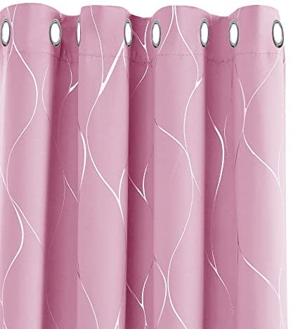Deconovo Eyelet Curtains, Thermal Insulated Blackout Curtains, Silver Wave Foil Printed Curtains for Kids Bedroom, 66 x 54 Inch(Width x Length), Pink, 2 panels